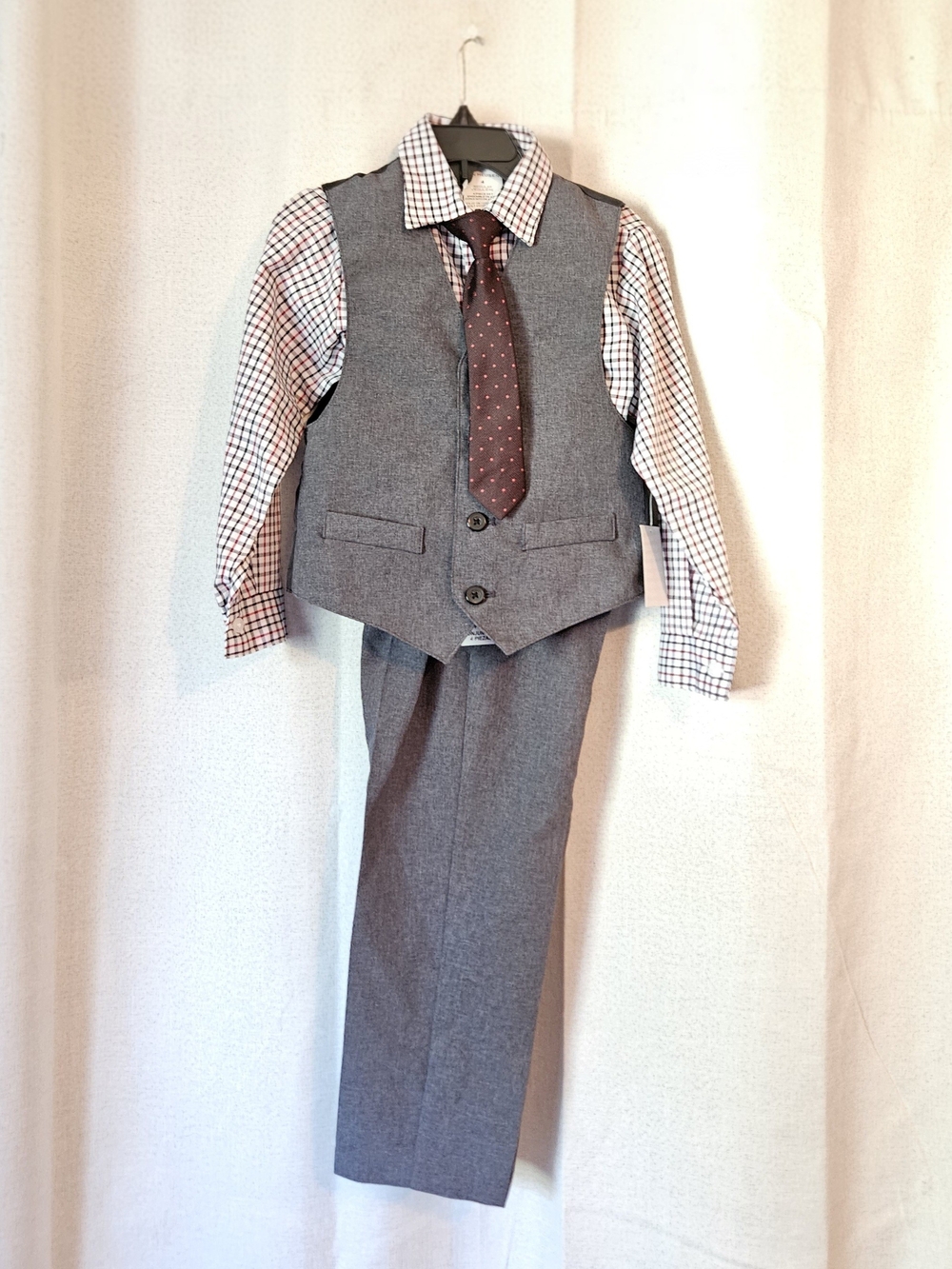 Van Heusen Boys Grey Vest, Pants & Burgundy Polka Dot Tie
